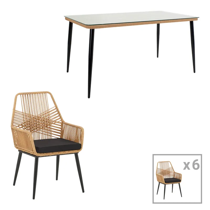 Set de Masa de restaurant Naoki-Tanish din de 7 piese din ratan Natural-metal-negru-sticla, 160x90x78 cm - Natur