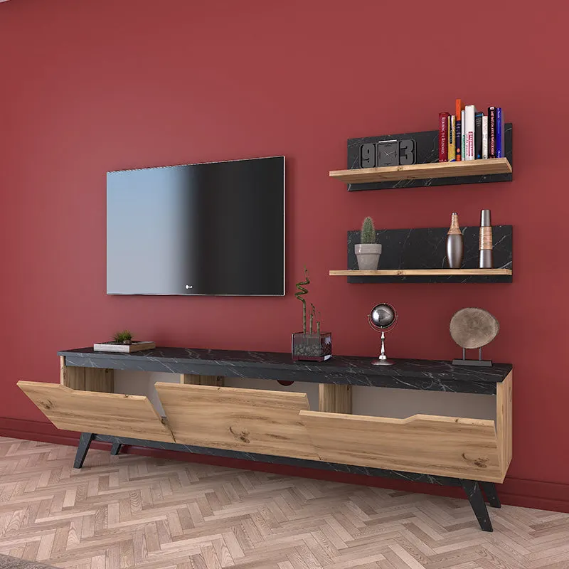 Set Comoda TV Kasia, Stejar-Negru, 180x35x49 cm - Stejar