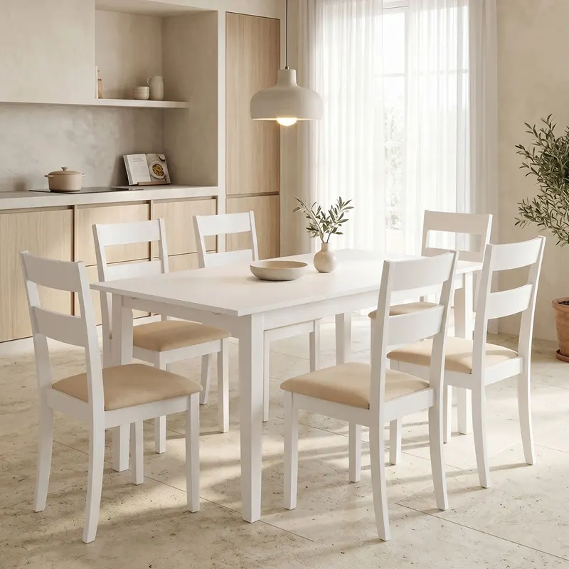 Set masa si scaune Dallan Mabor, Lemn rubberwood, Alb, 150x80x74 cm - Alb