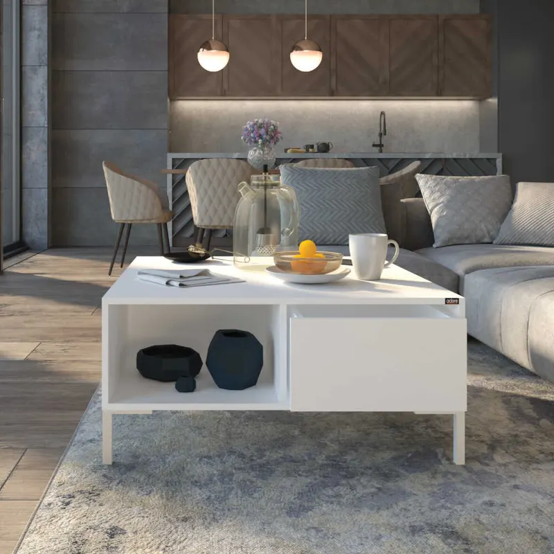 Masuta Cafea SHP-660-DD-1 Home Collection® cu sertar si picioare metalice, Alb - Maro - Natur, 90x42x90 cm - Alb