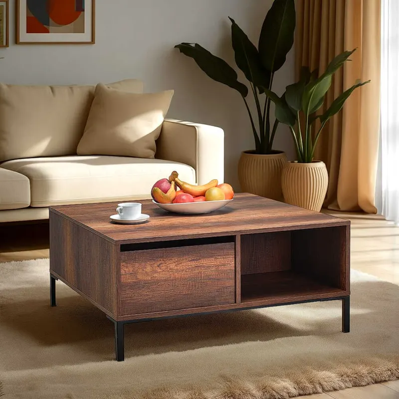 Masuta Cafea SHP-660-DD-1 Home Collection® cu sertar si picioare metalice, Alb - Maro - Natur, 90x42x90 cm - Maro