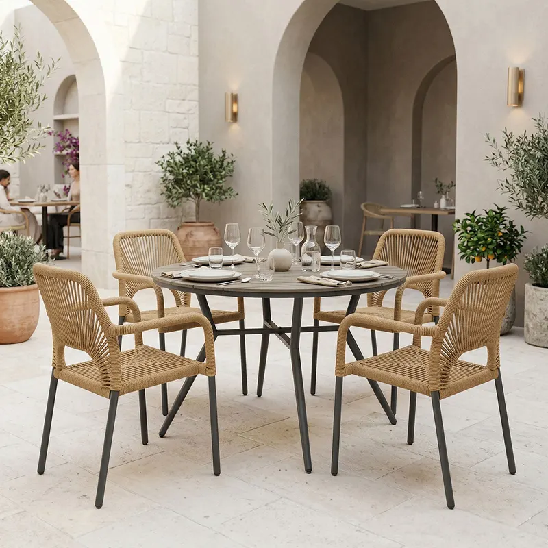 Set de sufragerie exterior Appa-Norture, 5 piese, Antracit-Natural, aluminiu si ratan, Ø120x74 cm - Antracit-Natural
