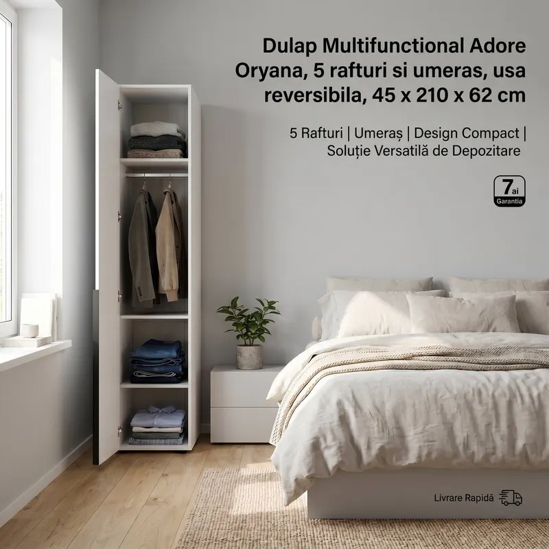 Dulap Multifunctional GRD-1710-DD-1 Home Collection® Oryana, 5 rafturi si umeras, usa reversibila, Alb - Nuc, 45x210x62 cm - Alb