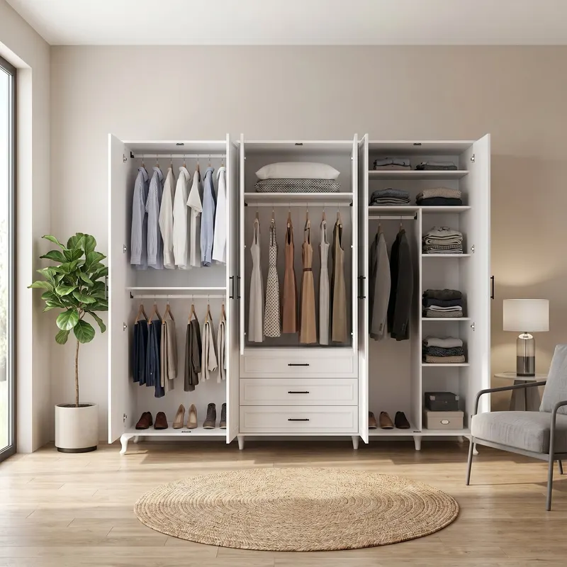 Dulap Haine GRD-1063-DD-5 Home Collection® Country, 6 usi cu 3 sertare, Alb, 240x224x62 cm - Alb