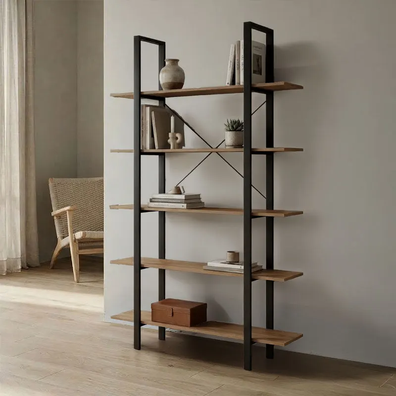 Bibliotecă cu rafturi Loftie, Stil Industrial, Metal Negru și Lemn, Sonoma, 126x28x165 cm - SONOMA - BLACK
