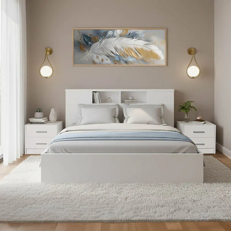 Set dormitor Olympus White, Lemn, Set 3 piese, Pat 140x200 cm - Alb