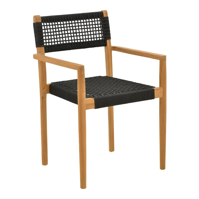 Fotoliu cu structură din lemn de teak, șnur, negru, 54x52x80 cm - Natur