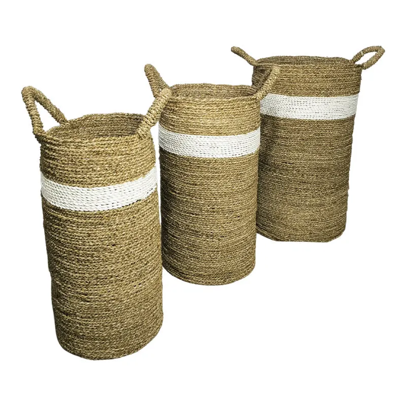 Set 3 Coșuri Decorative Fesia, Seagrass, Culori Naturale-Alb, Variate, 38x38x60 cm - Natur