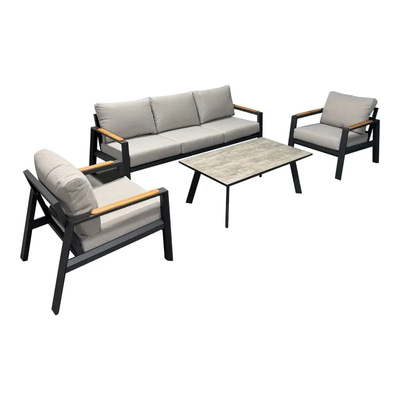 Set mobilier de grădină Aeria, aluminiu/teak, 4 piese, gri antracit, 201x89x74 cm - Gri