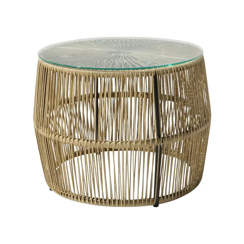 Măsuță rotundă Adela cu blat din sticlă și bază din răchită, Răchită și Sticlă, Natur, 47x38 cm - Natur