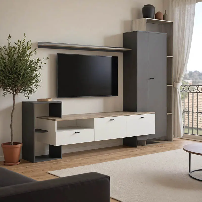 Set mobilier living cu functie de depozitare Ferefia, Alb, 240x45x189 cm - Alb