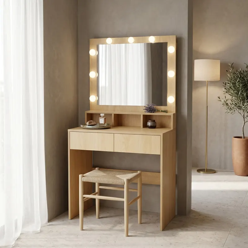 Masa de machiaj Vanity, MDF, Alb - Natural, 80x40x140 cm - Natural