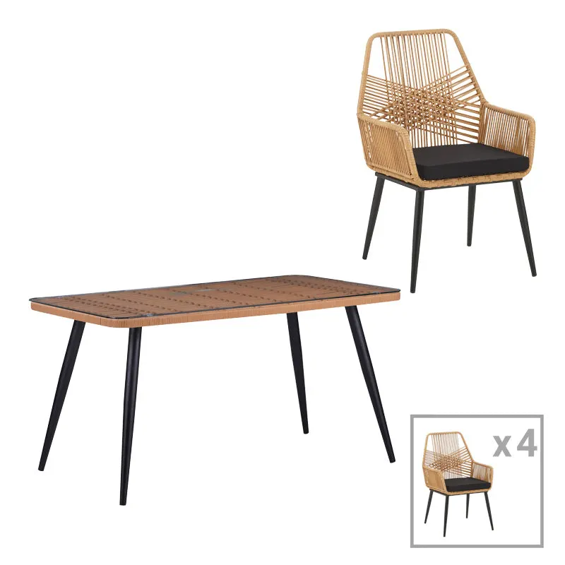 Set de sufragerie Naoki-Tanish 5 bucati din ratan de sticla PE, Natural cu picioare negre, 140x80x78 cm - Natur
