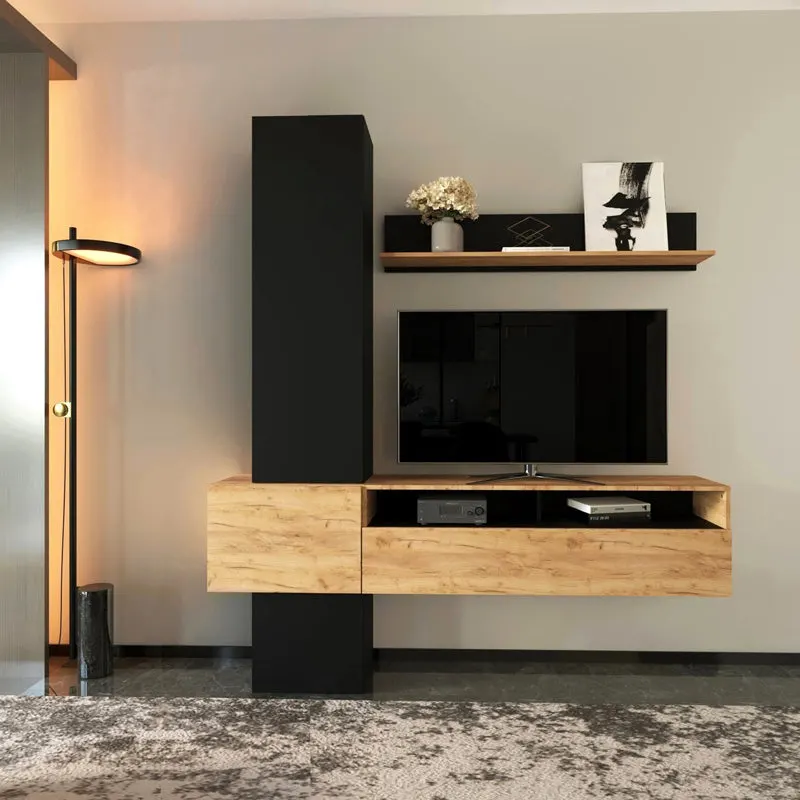 Set mobilier living cu functie de depozitare Wendy, Lemn/metal, Stejar, 195x37x219 cm - Stejar