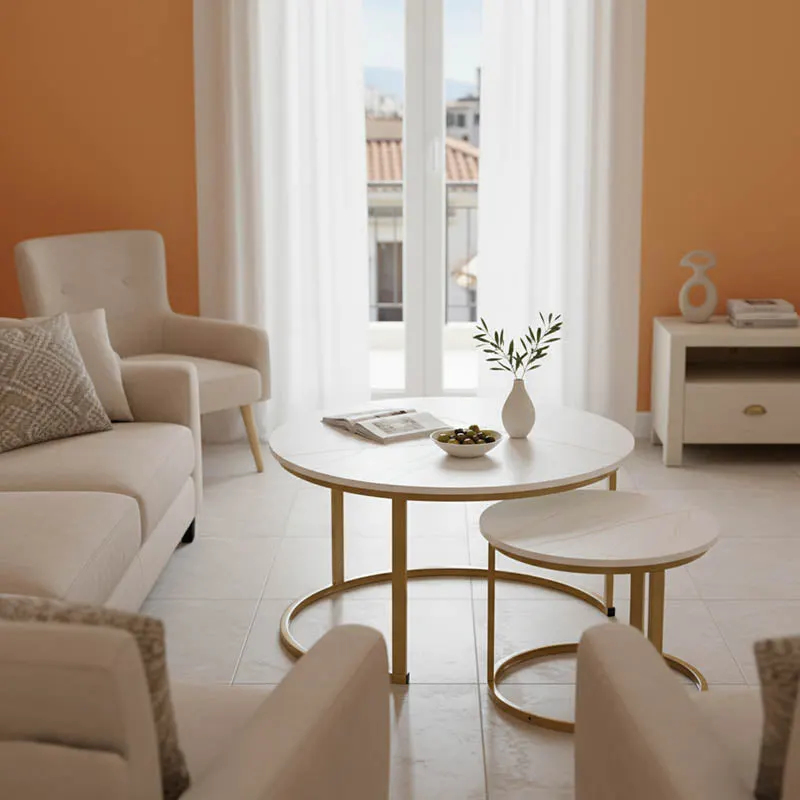 Mese de cafea Solme I, Set 2 piese, 80x80x45 cm - Alb-Auriu