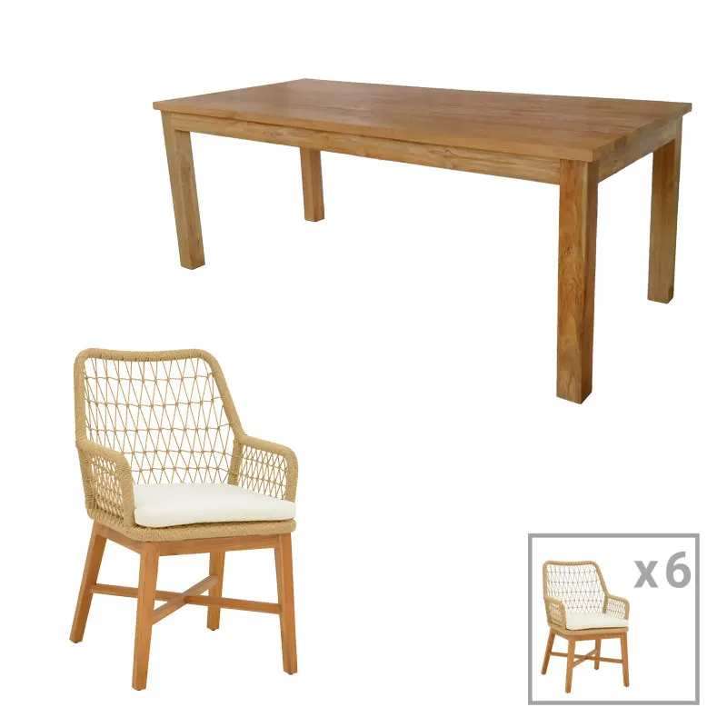 Set de sufragerie Elaiza-Wooly, 7 piese, Bej-Natural, 220x90x75 cm - Natur