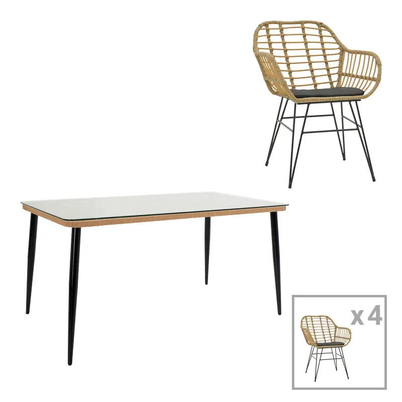Set de 5 buc masa si scaune de gradina Naoki X ratan Natural si metal, negru, 160x90x78 cm - Natur