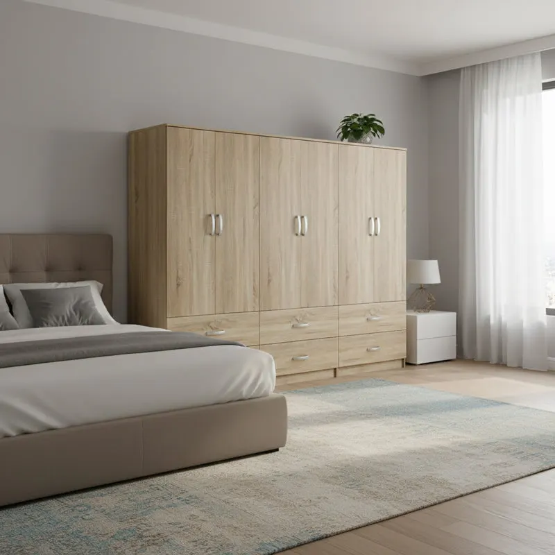 Dulap Athos cu 6 usi si sertare, 240x42x180 cm - Stejar