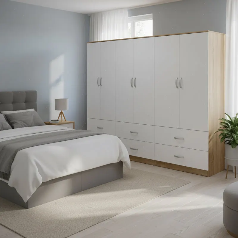 Dulap Athos cu 6 usi si sertare, 240x42x180 cm - Sonoma-Alb