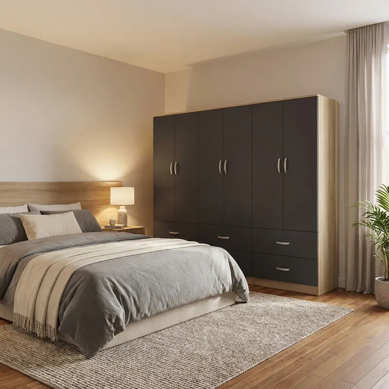 Dulap Athos cu 6 usi si sertare, 240x42x180 cm - Sonoma-Antracit