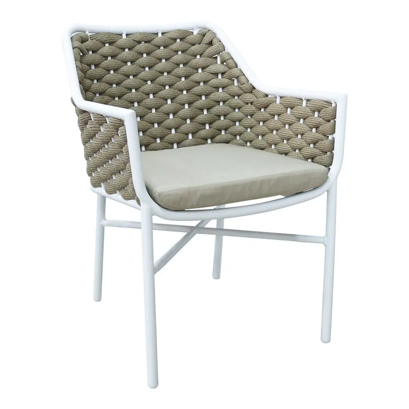 Scaun cu brate din aluminiu Ortegia, cu cadru alb si sfoara kaki, 57x62x82 cm - Alb