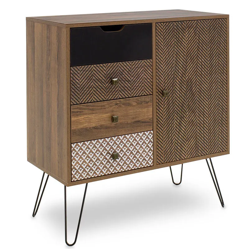 Comodă cu sertare și dulap Boho, Stil Boem, Lemn și Metal, 80x40x86 cm - Nuc