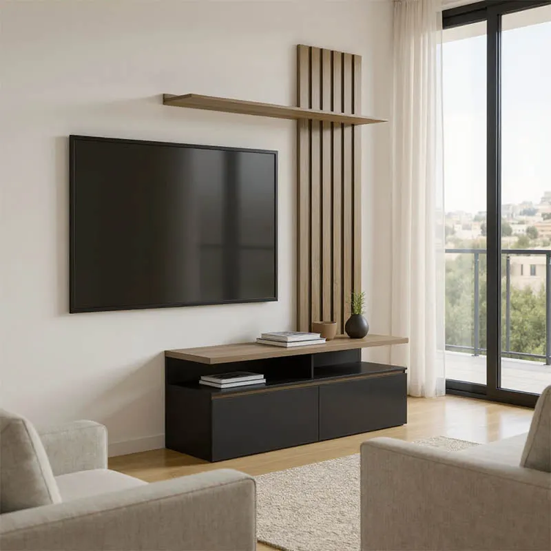 Set mobilier living cu spatiu de depozitare Perlento, Lemn, Negru și Sonoma, 140x41x220 cm - Negru