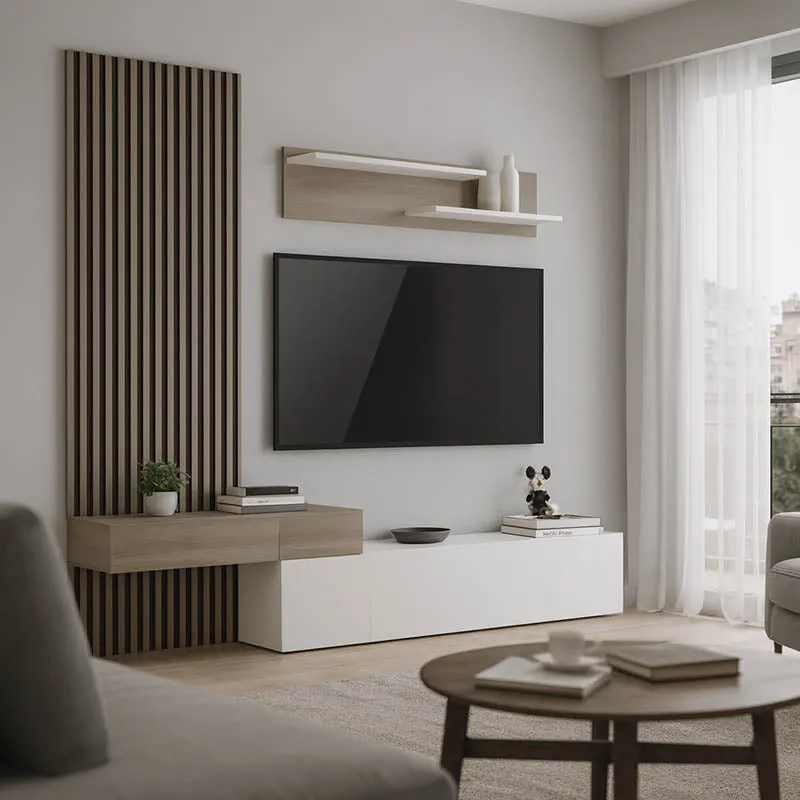 Set de living Litende cu Riflaj, Alb-sonoma, 249x42x199 cm - Alb