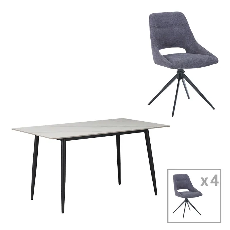 Masă de sufragerie Gustas-Luciano I set de 5 piese marmura Alb piatra sinterizata-metal, negru, 120x60x75 cm - Gri
