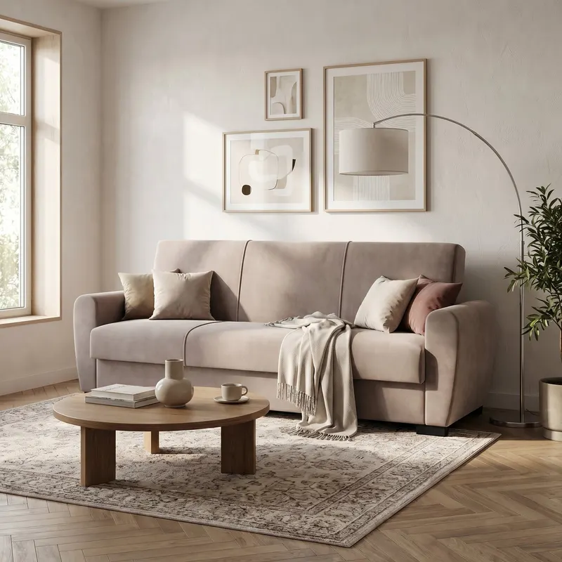 Canapea extensibilă 3 locuri Valencia, cu ladă de depozitare, Diverse culori, 220x68x90 cm - Bej