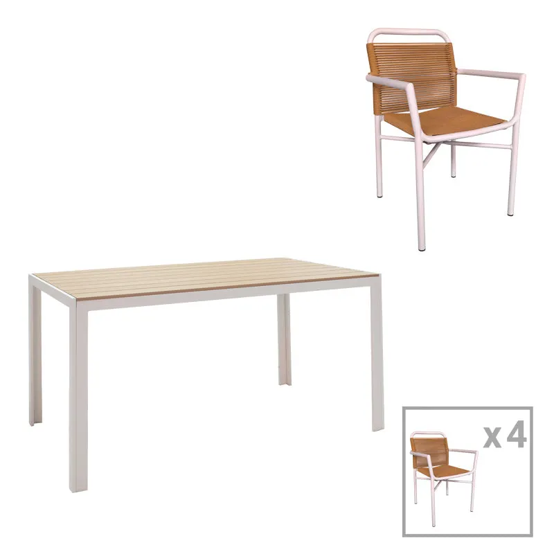 Set de 5 buc masa si scaune de gradina Nares-Clutch aluminiu alb si placaj, Natural, 140x80x72 cm - Alb
