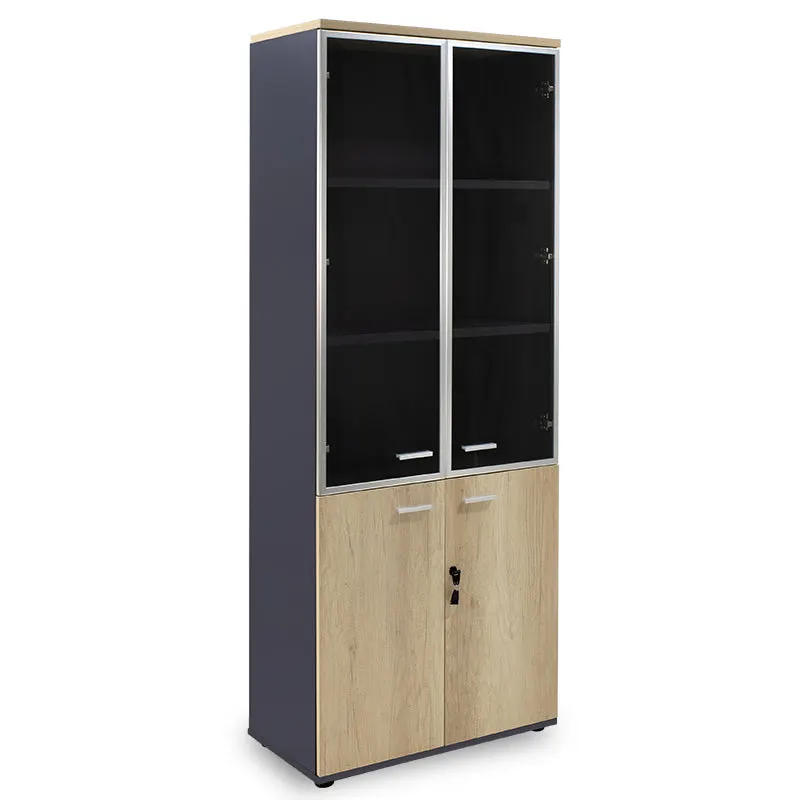 Biblioteca Lotus cu patru usi din sticla si lemn Stejar, Gri inchis, 80x40x200 cm - Stejar