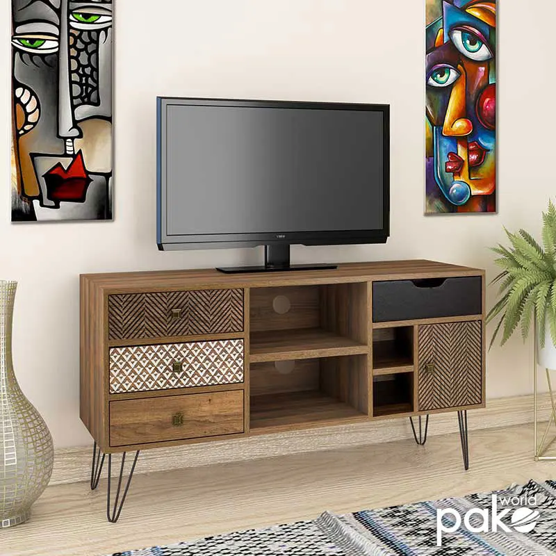 Comoda TV Boho, Nuc - Negru, 120x39x64 cm - Nuc
