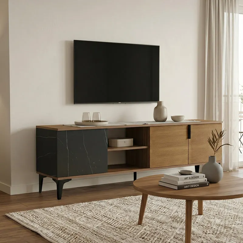 Comoda TV Riba, Nuc-Negru-Marmura, 180x34x51 cm - Nuc-Negru-Marmura