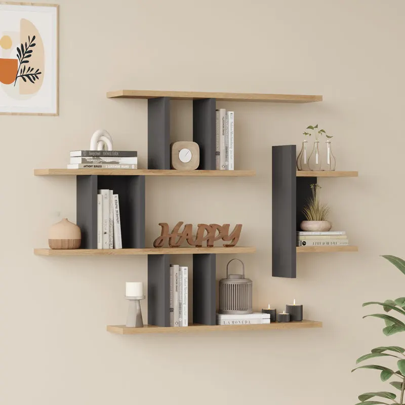 Raft de perete Ledia, MDF, 111x15x78 cm - Stejar-Antracit