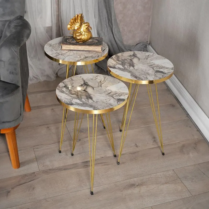 Măsuțe laterale Wakmi, Set 3 piese, 33x33x55 cm - Gri-Bej-Auriu