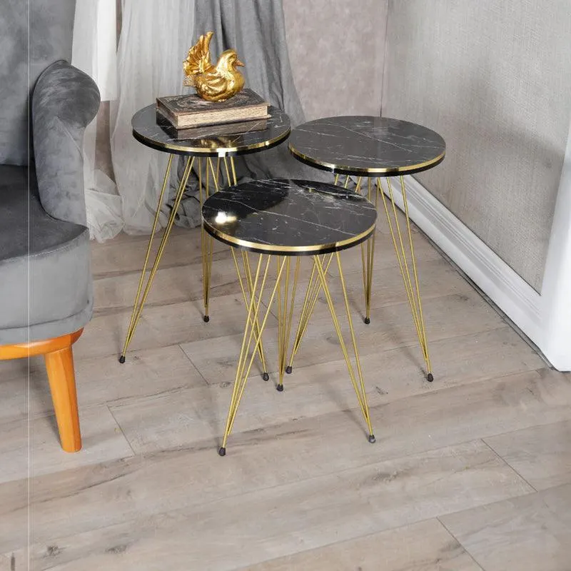 Măsuțe laterale Wakmi, Set 3 piese, 33x33x55 cm - Marmura neagra-Auriu