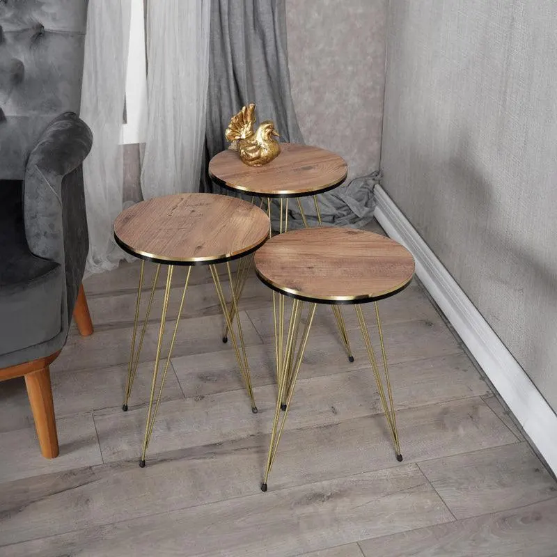 Măsuțe laterale Wakmi, Set 3 piese, 33x33x55 cm - Stejar-Auriu