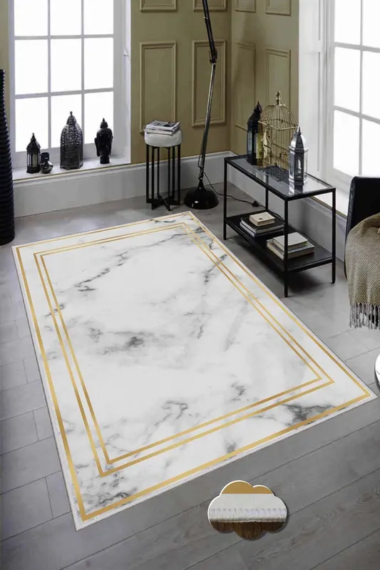 Covor de hol / bucatarie Living Golden, Antiderapant, Lavabil, Alb - Auriu, 50x80 cm - Multicolor / 50 x 80
