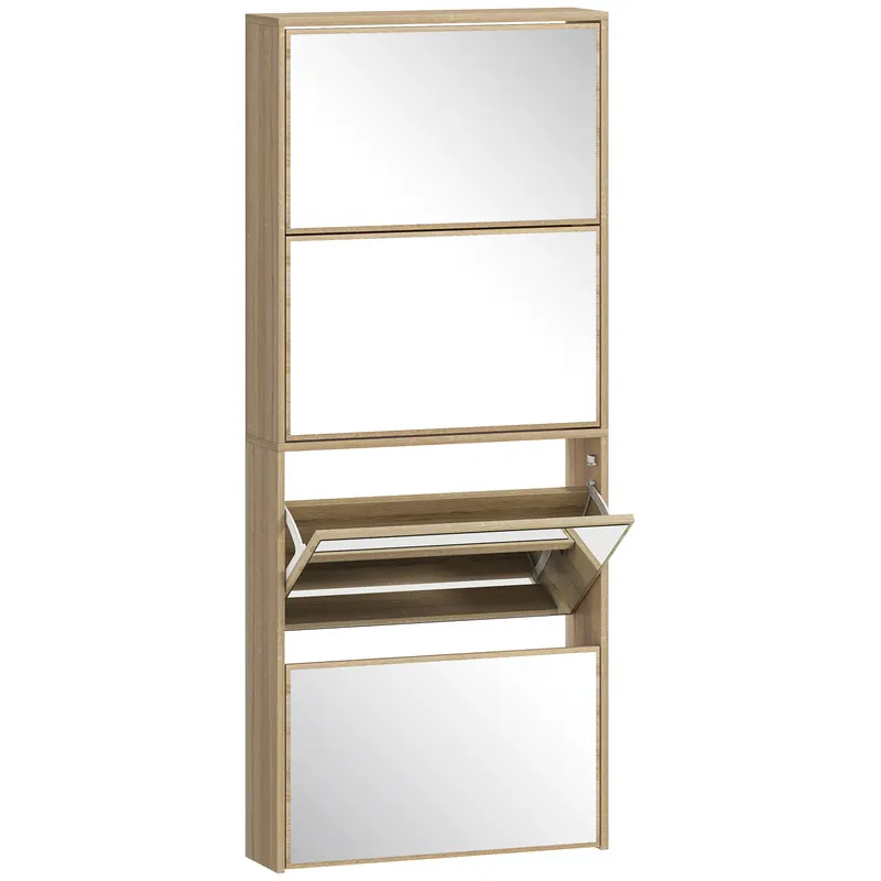 HOMCOM Dulap pentru Încălțăminte Slim cu 4 Uși și Oglindă 63x17x146 cm Culoare Lemn