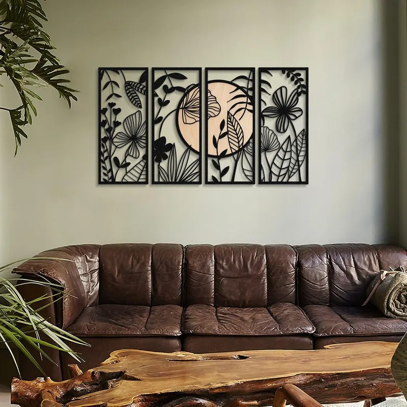 Decoratiune de perete Metal Frunze Wood, Negru, 68 x 29 cm - Negru