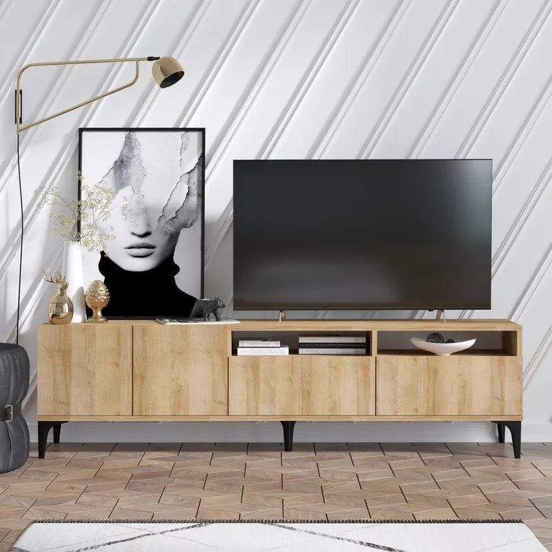 Comoda Tv Sheriff cu 4 usi Stil Skandinav, Stejar, 180 x 52 x 35 cm - Stejar