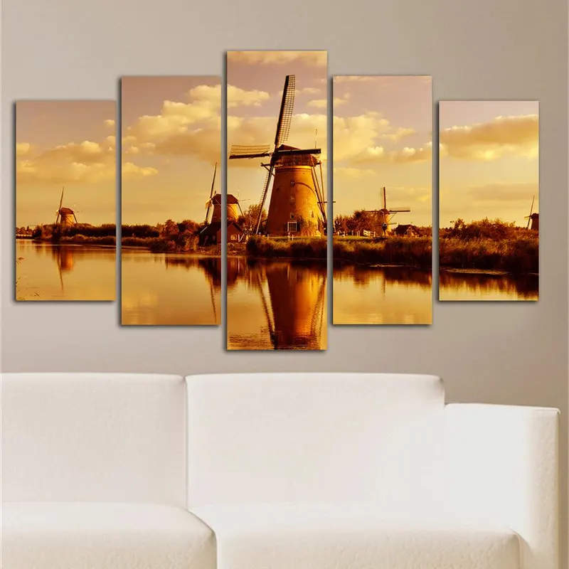 Tablou MDF ( 5 buc ) Moara de Vant Olanda, Multicolor, 60x110 cm - Multicolor