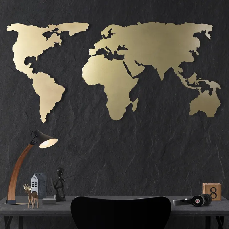 Decoratiune de perete Metal World Map Silhouette - Gold, Aur, 120x1x60 cm - Auriu