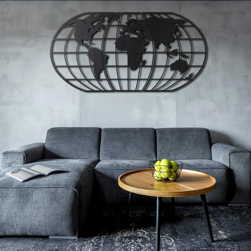 Decoratiune de perete Metal World Map Globe - Black, Negru, 120x1x60 cm - Negru