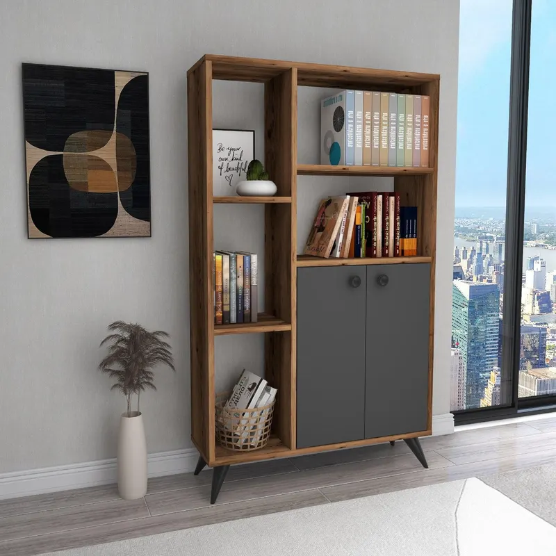 Biblioteca Meldan Stil Scandinav cu 7 Rafturi si 2 Usi, 80x25x135.6 cm - Nuc