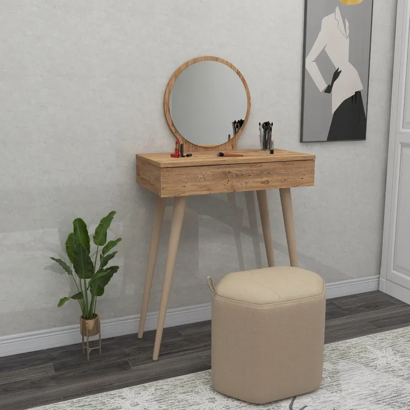 Masa de machiaj Elegant Siena cu Sertar si cu Oglinda, 72 x 130 x 35 cm - Crem