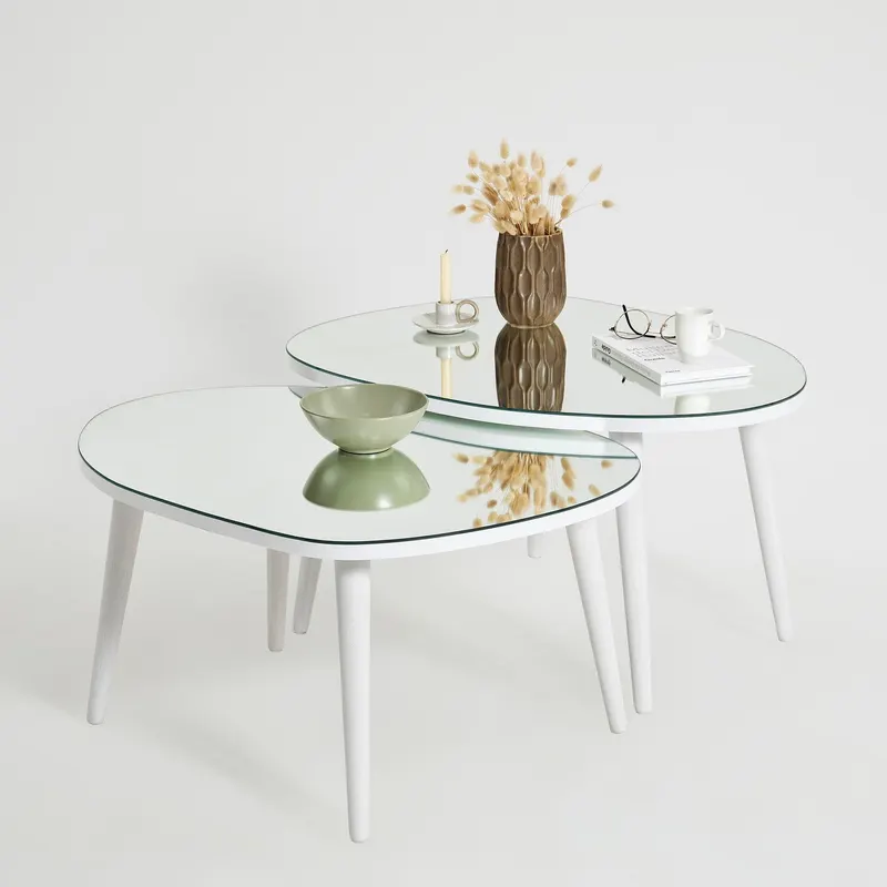 Set Masuta de Cafea Gusto 2 bucati cu Sticla Securizata, 75 x 38 x 55 cm - Alb