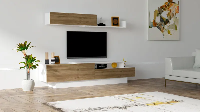 COMODA TV Elda - White, Walnut, Alb, 160x35x32 cm - Alb