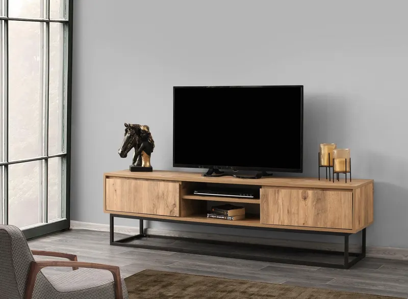 COMODA TV Zealot cu 2 Sertare si Rafturi, Lemn natural, 180 x 50 x 40 cm - Negru